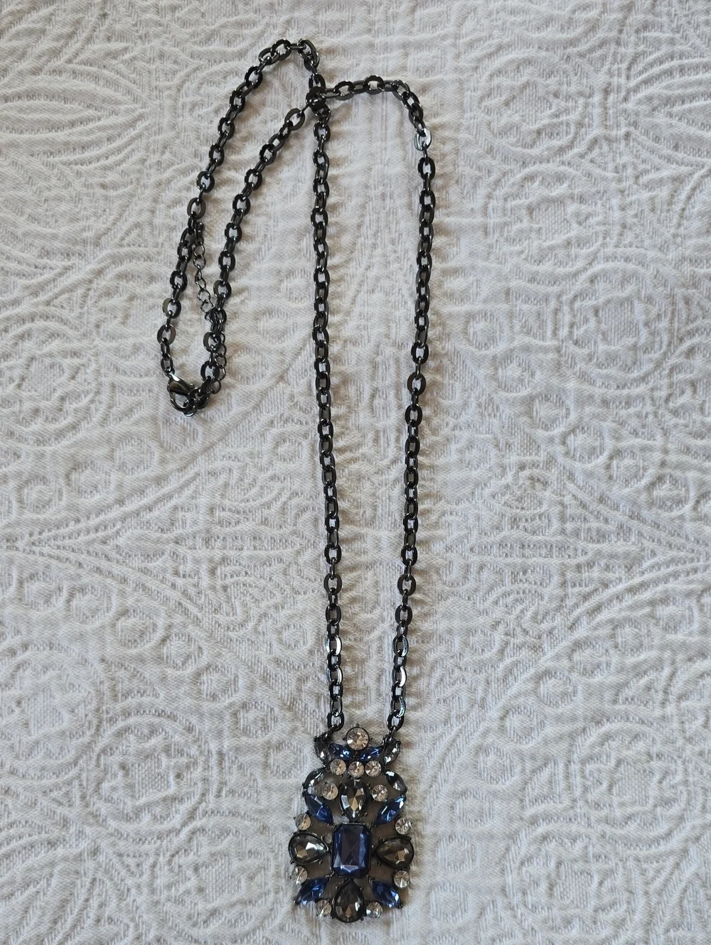 Statement Blue and Gunmetal Crystal Pendant Necklace